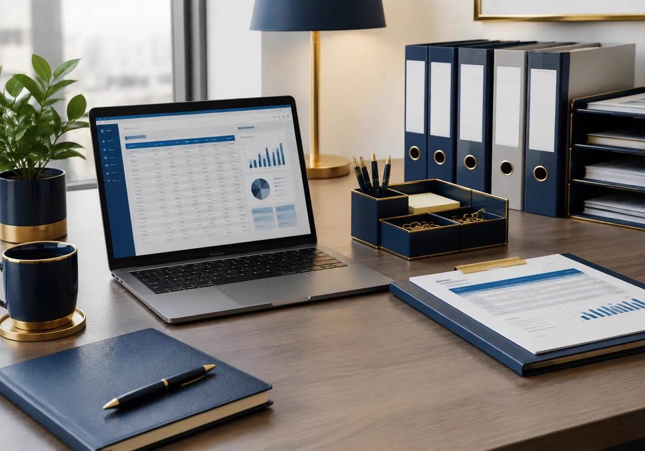 Workspace with organized corporate documents